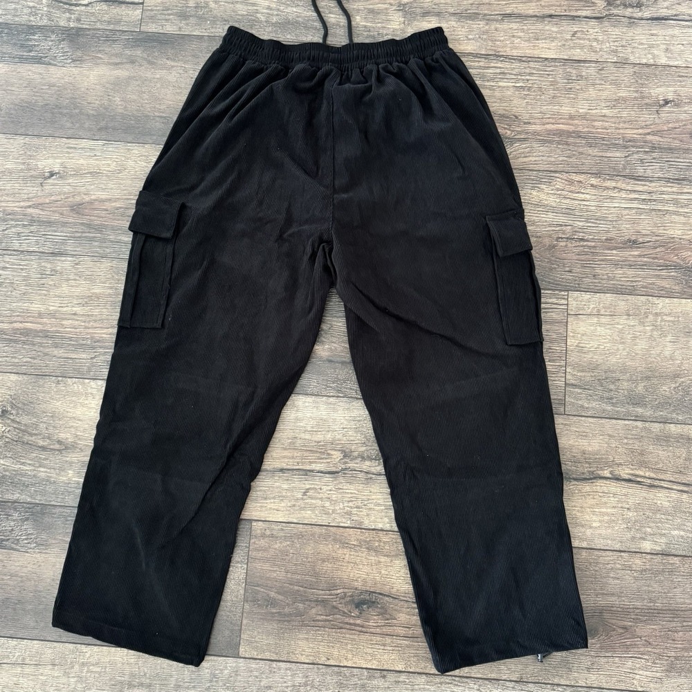 Corduroy Cargo Pants Drawstring Waist Relaxed Fit Casual Black - Picture 6 of 10